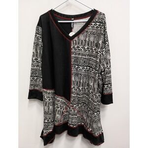 Diva D Tunic Top Womens 2XL Black‎ Tribal Print Artsy 3/4 Sleeve Sharkbite Hem